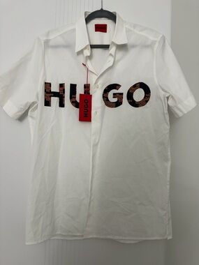 HUGO White Short-Sleeve Button-Down with Black & Orange Logo